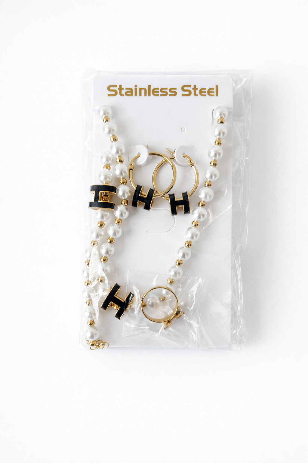 Pearl and Gold Letter H Jewelry Set( Stainless Steel )
